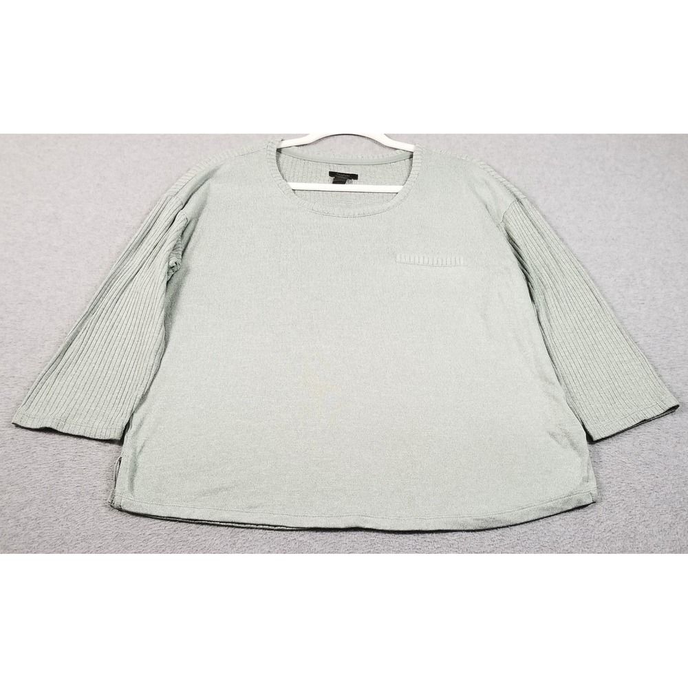 Midnight Top Women M Medium Green Ribbed Knit 3/4 Sleeve Stretch Soft Knit Cozy